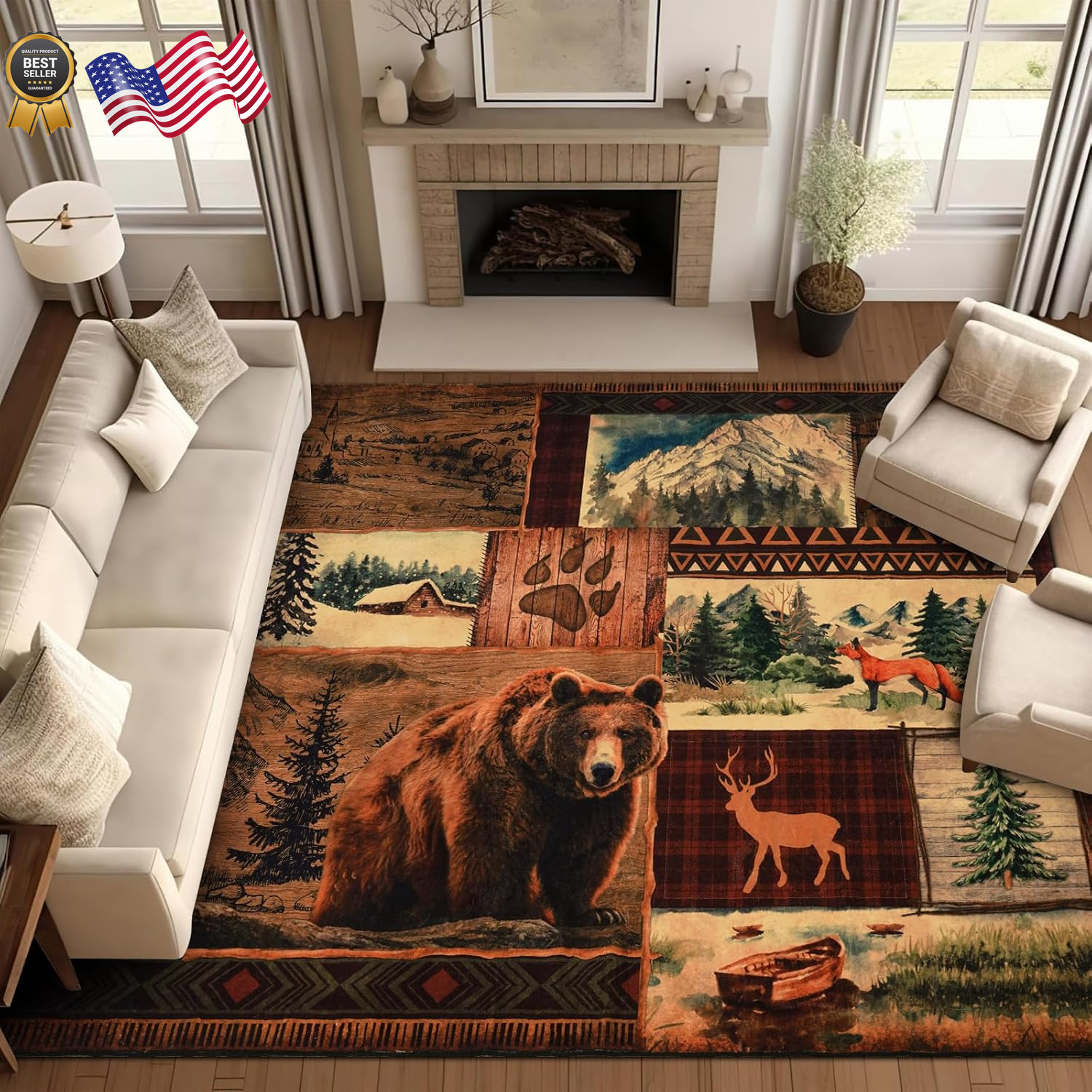 ASPMIZ Farmhouse Area Rug 8×10 Buffalo Plaid Lodge Bear Moose Deer Living Ro…