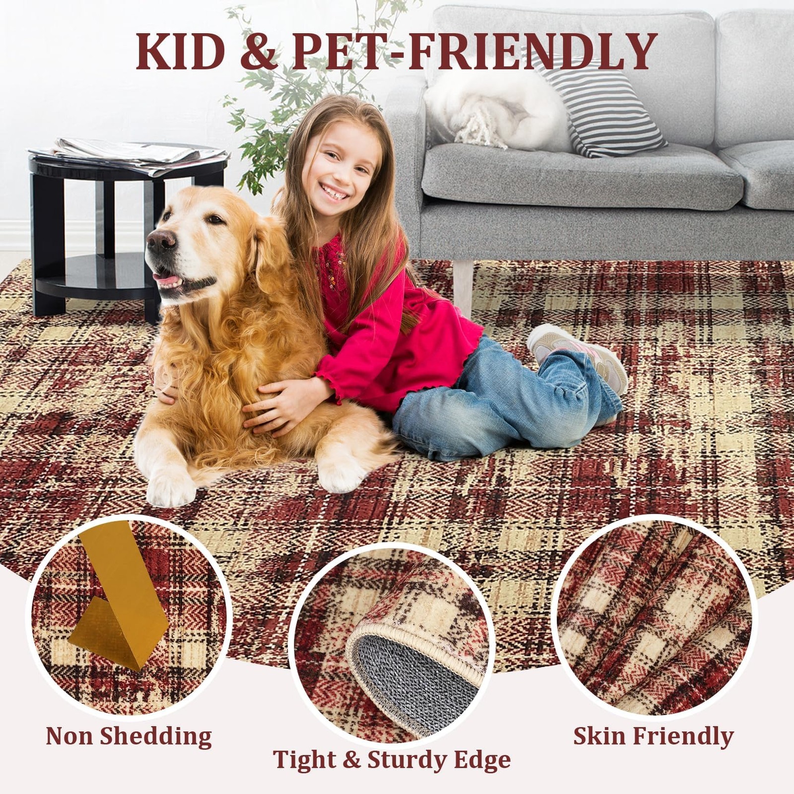 Luxloom Tartan Plaid Round Area Rugs 4Ft Washable Non-Slip Soft Small Round Rug