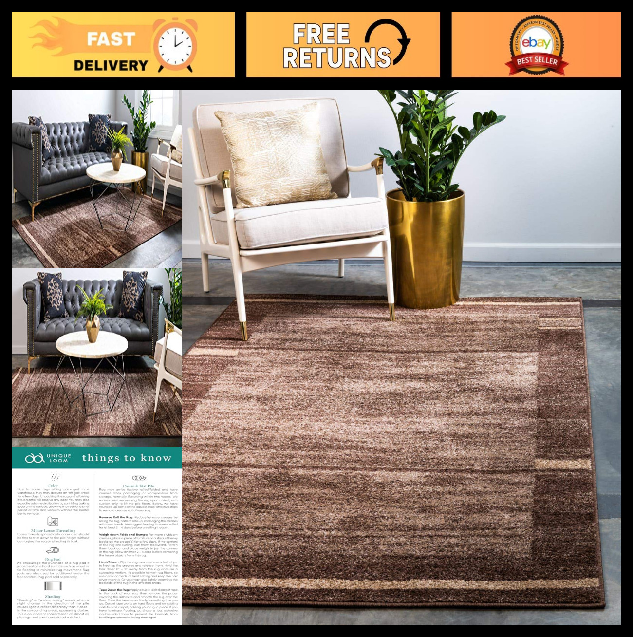 Modern Abstract Area Rug 5×8 ft – Casual Brown Beige Border for Living Room
