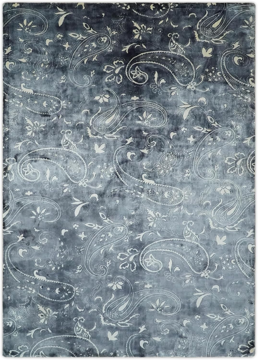Hand-Loom Wool and Viscose Rug Color Charcoal, Ivory and Silver Design Carpet Ru