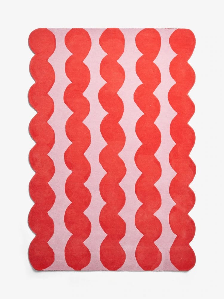 Hand Tufted Pink Red Scalloped Edge Area Rug – Modern Wavy Geometric Wool Carpet