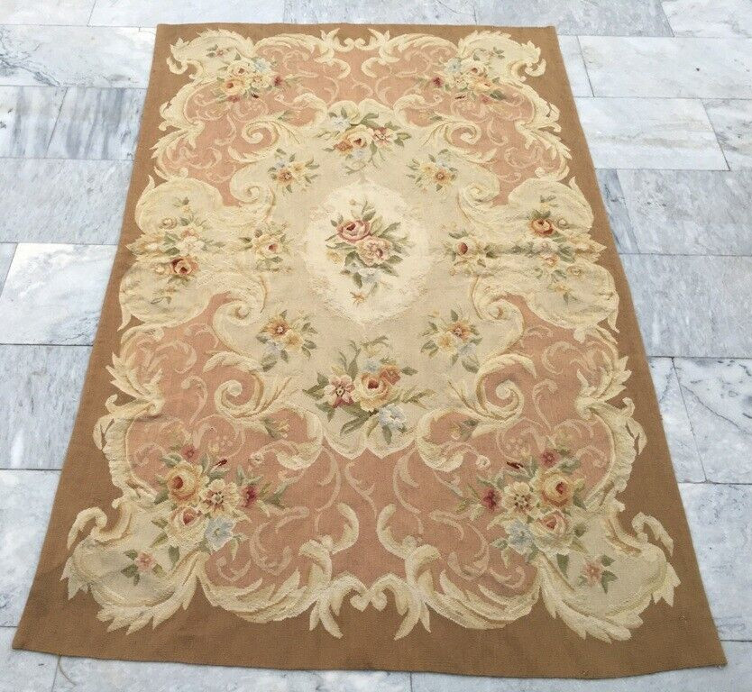 Vintage French Aubusson Rug Chain Stitch Needlepoint Rug 4×6 ft Free Ship