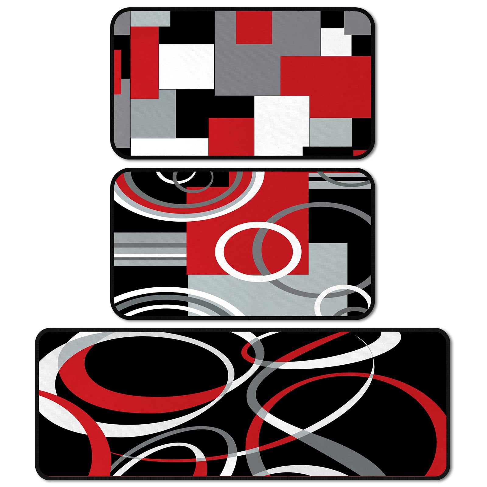 3 PCS Red, Black Geometric Kitchen Rugs Set, Non Slip, Washable,Abstract Runner