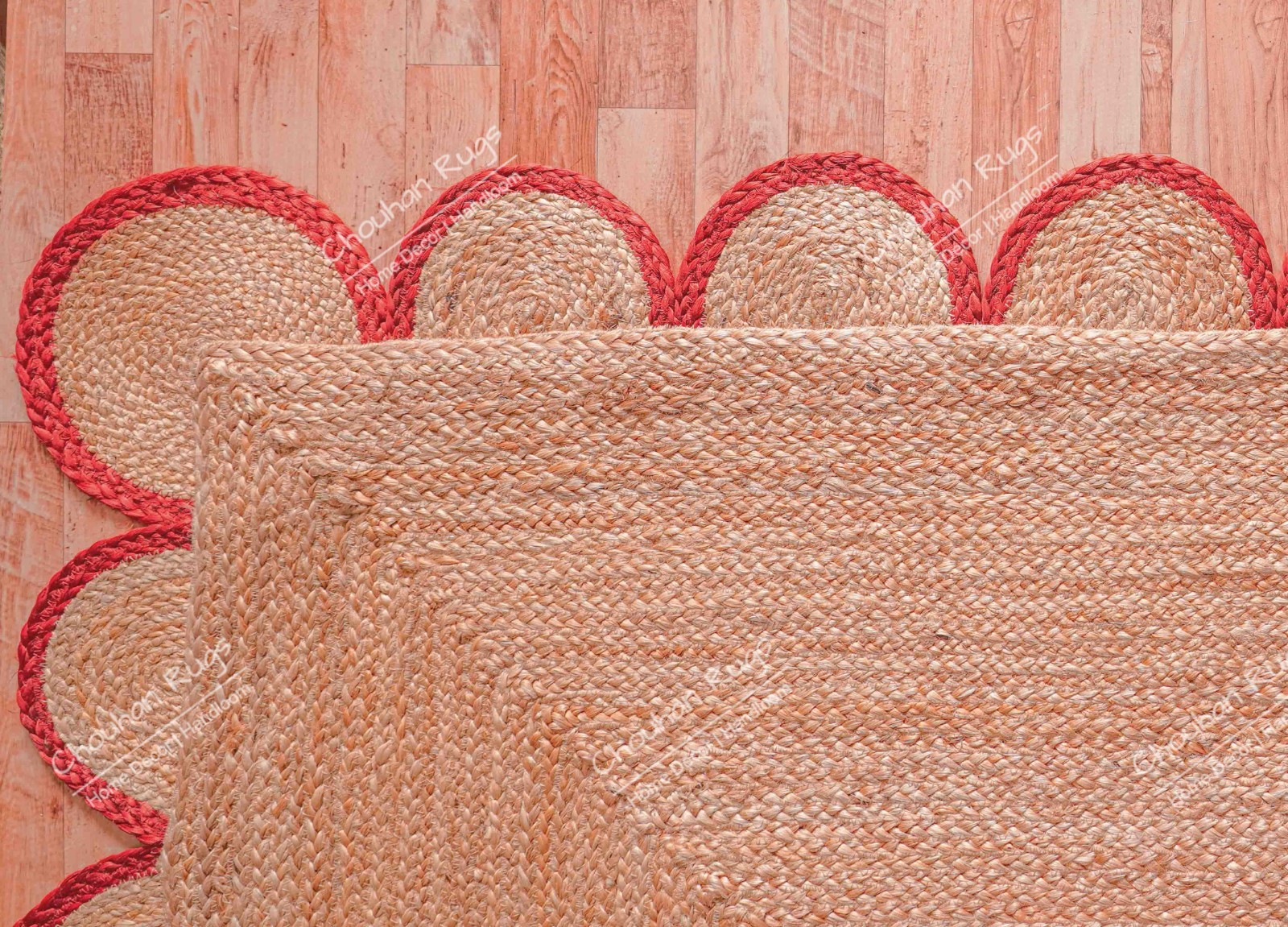 Hand Braided Natural Red Scallop Jute Runner Rug Farmhouse Decor Hallway Runner