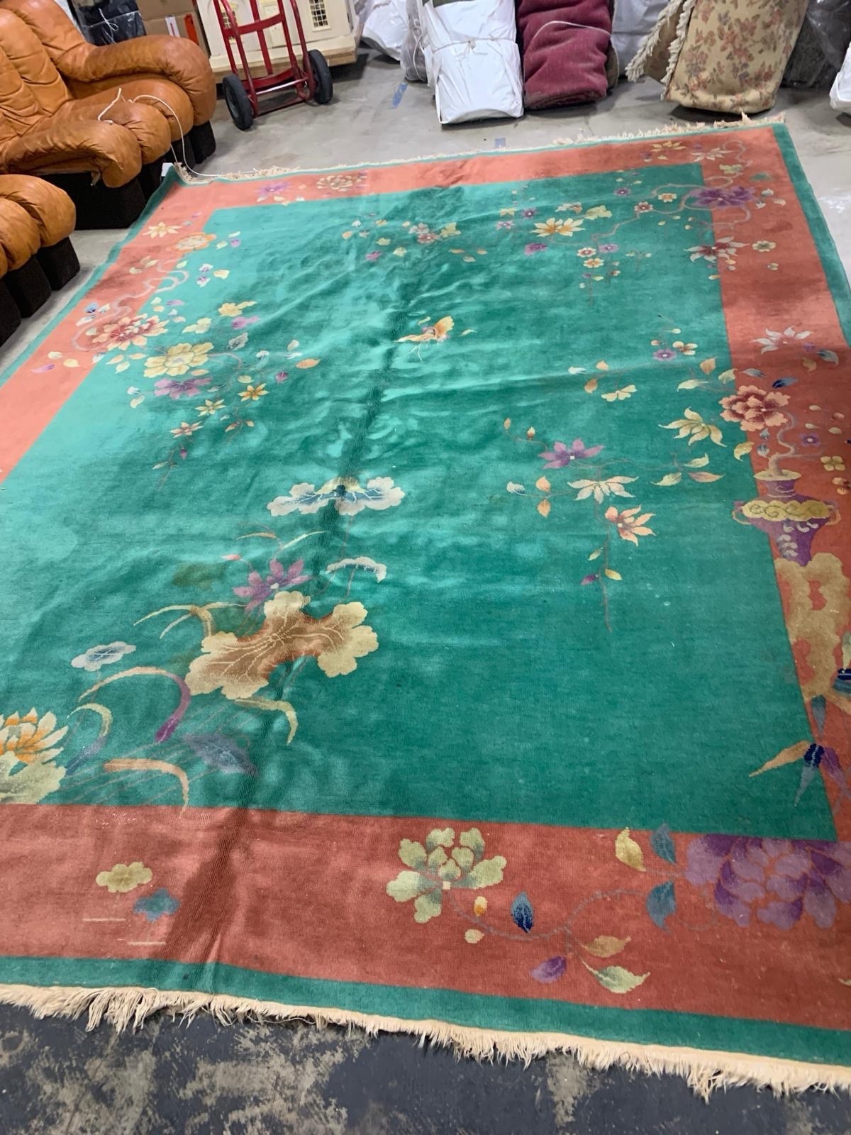 Antique Chinese Art Deco Rug 9×12 Jade Teal Coral Floral 1920s Hand Knotted Wool