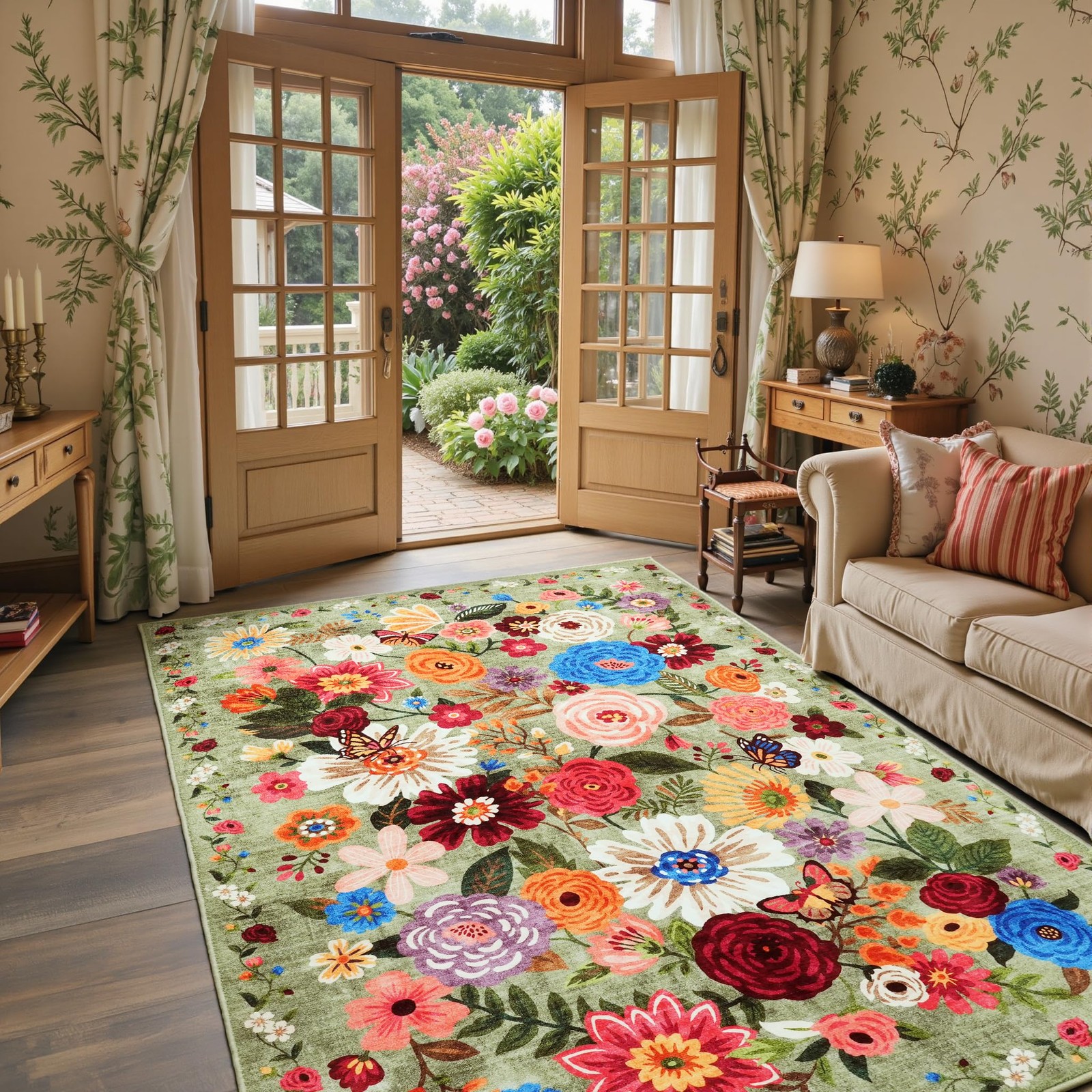 3×5 Floral Machine Washable Rug Green Non Slip Soft Bedroom Entryway Garden