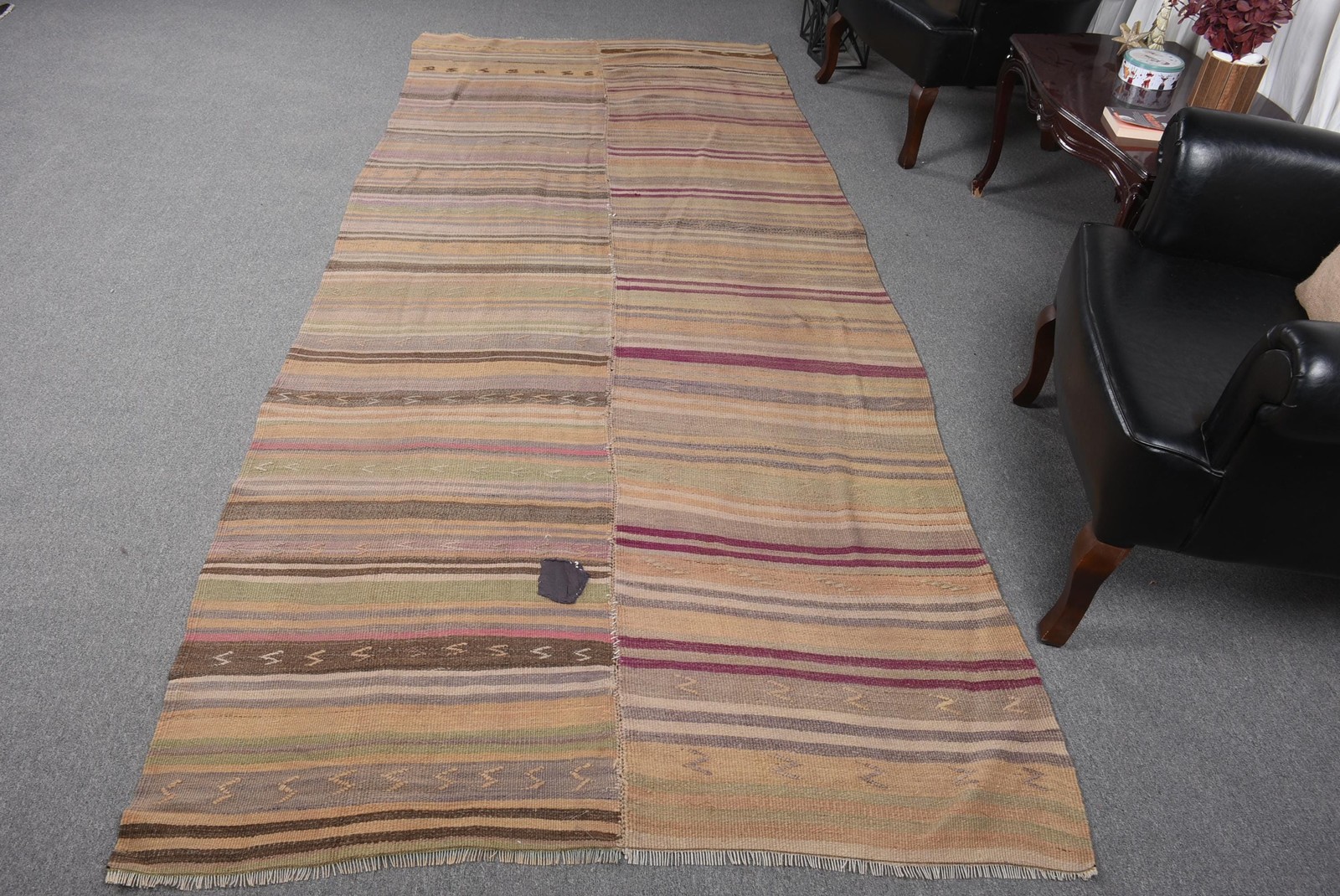 Vintage Turkish Rug, 4,3×10,6 ft Kilim Rug, Brown Red Striped Rug