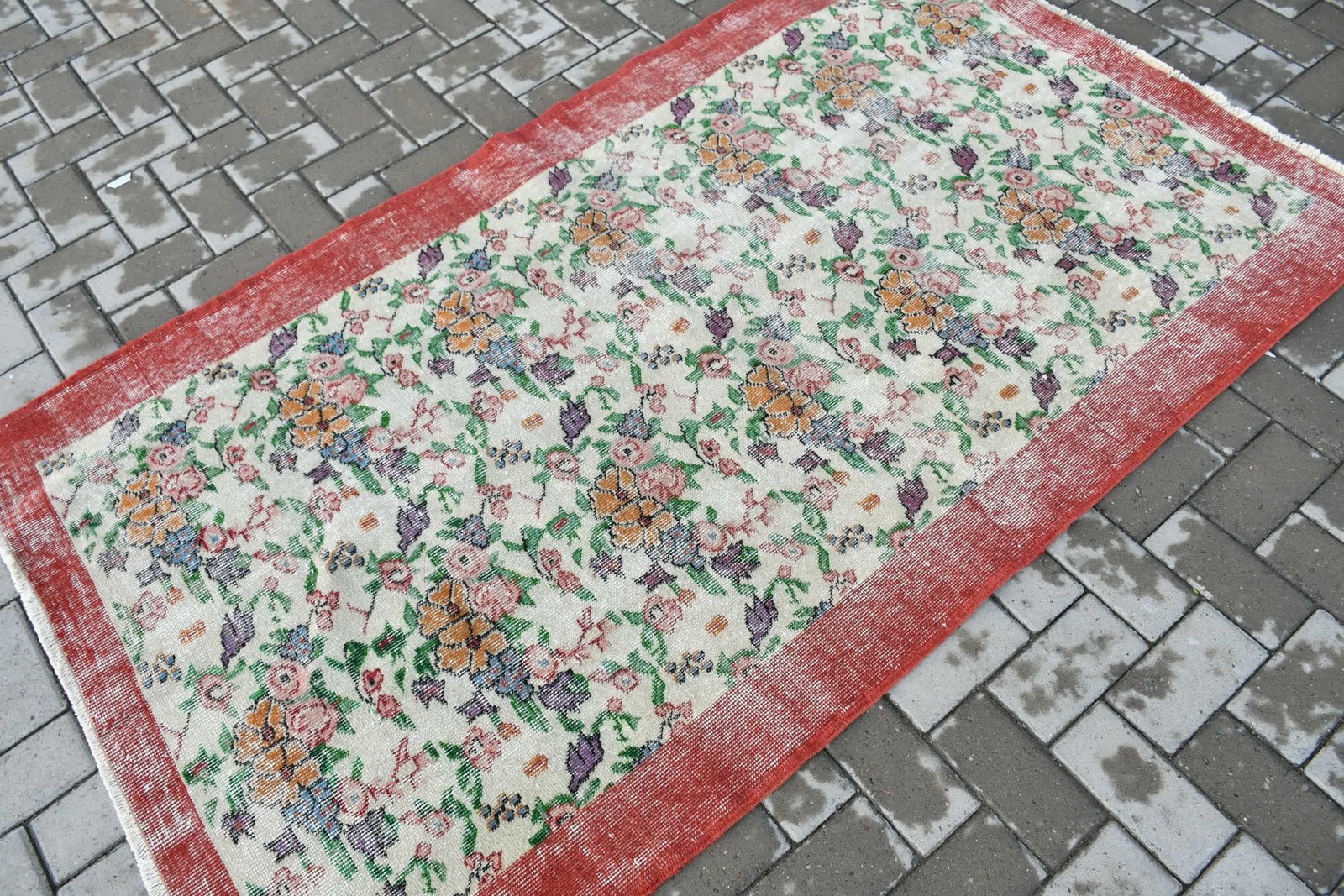 Turkish Vintage Rug 3,8×6,6 ft, Red Area Camouflage Wool Rug