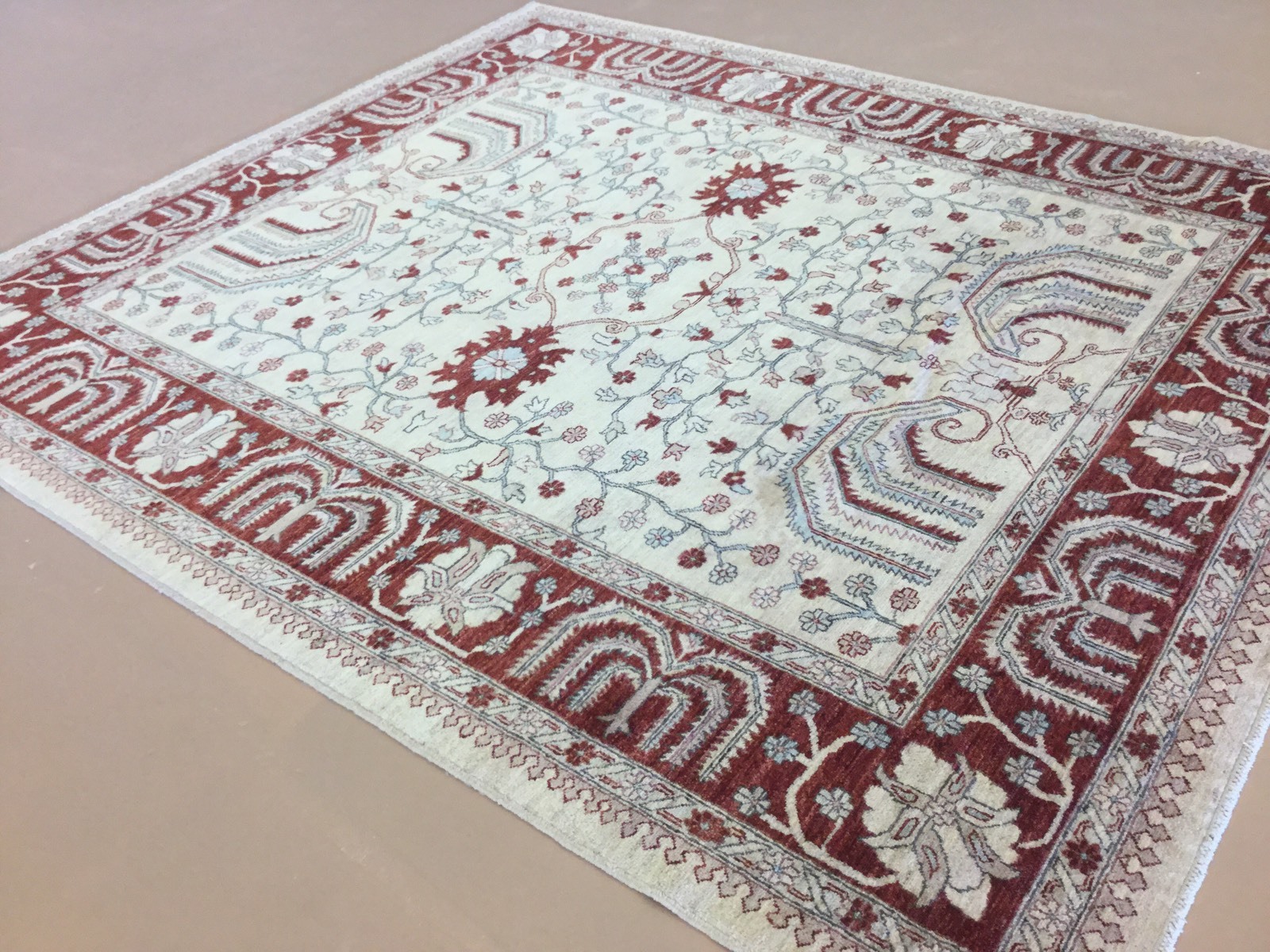 8′.0″ X 9′.3″ Square Beige Red Fine All-Over Oriental Area Rug Hand Knotted Wool