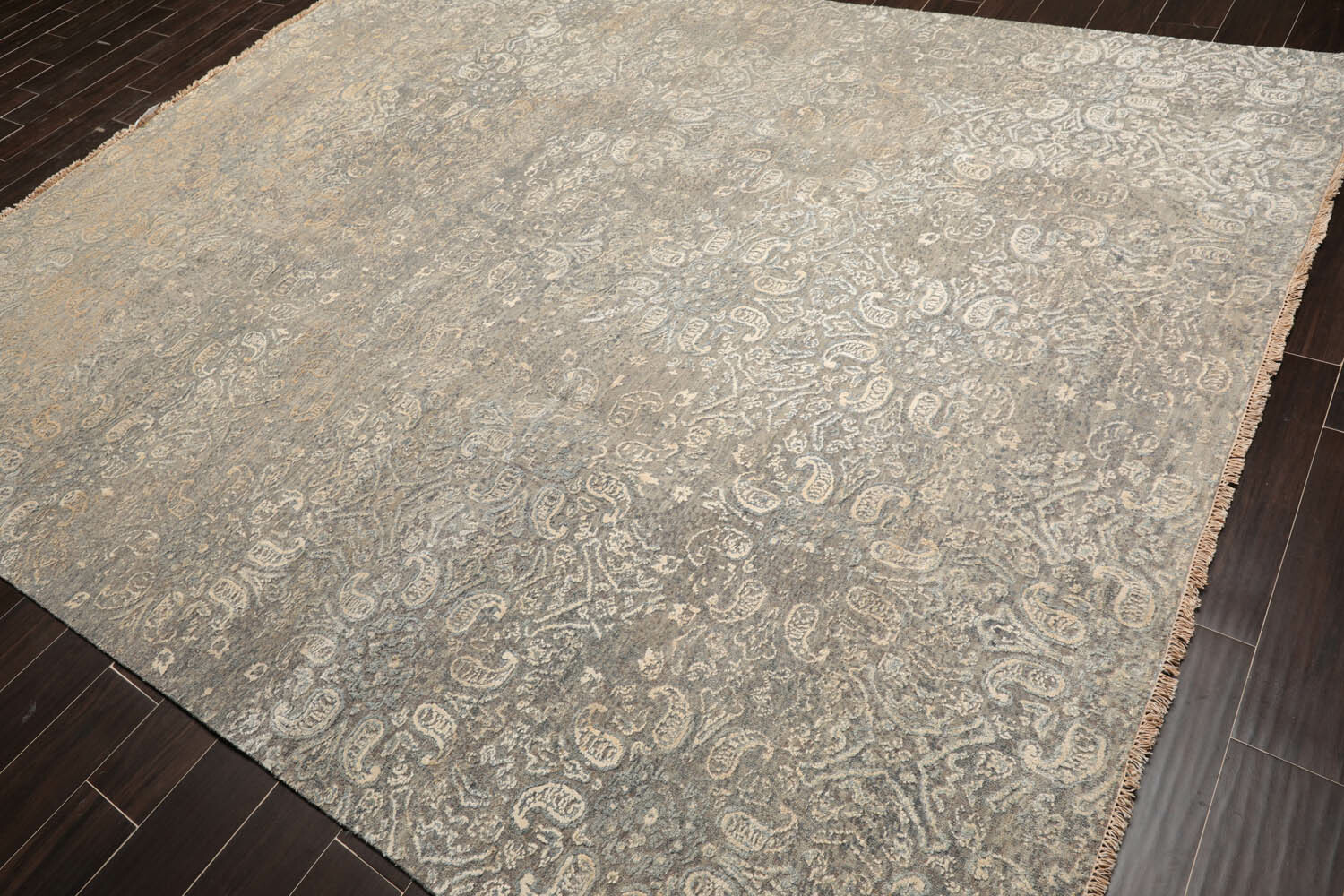 Tibetan 8’x10′ Hand Knotted Wool & Silk Contemporary Sherpa Area Rug Gray, Beige