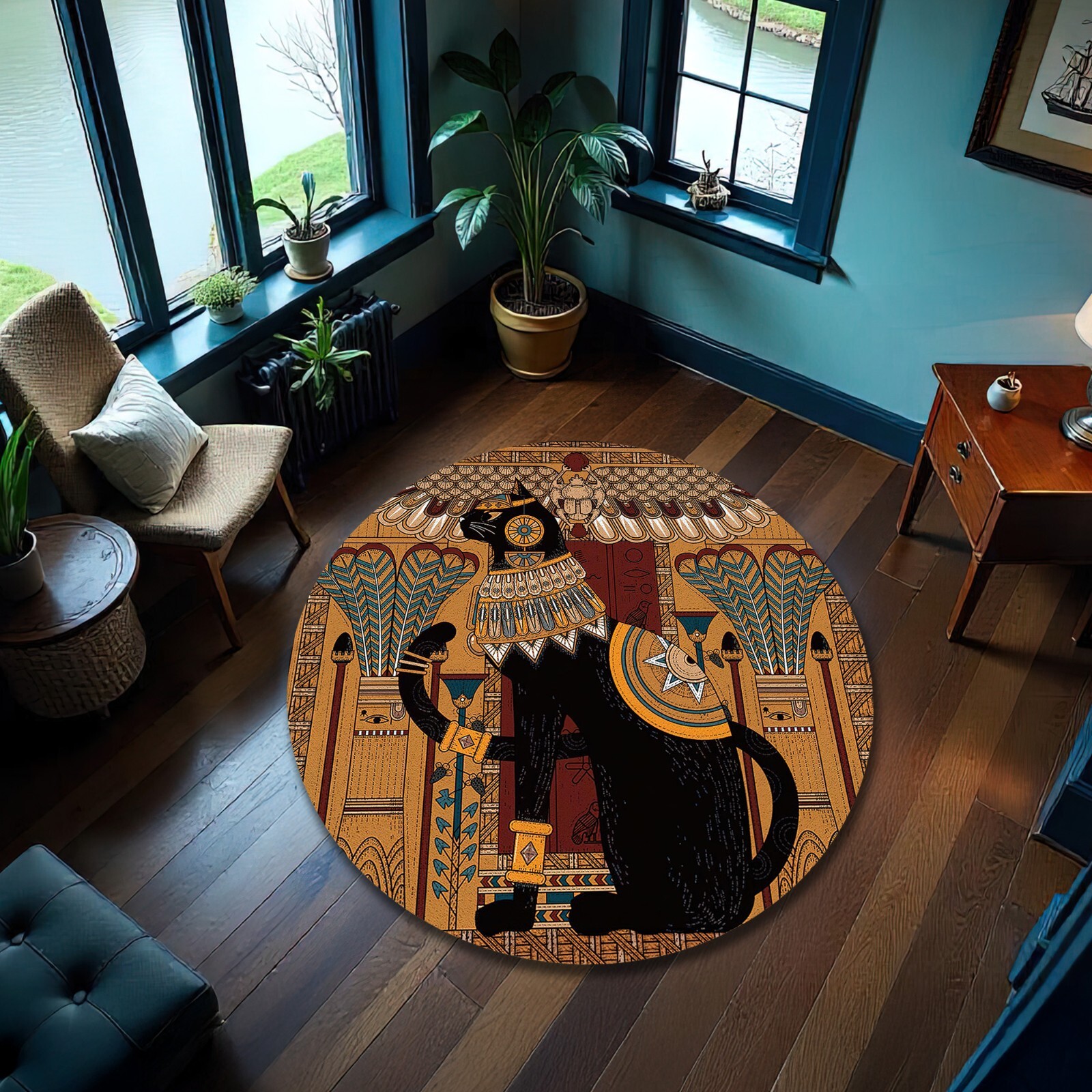 Black Cat Egyptian Rug Bastet Carpet Witchy Occult Decor Gothic Floor Mat