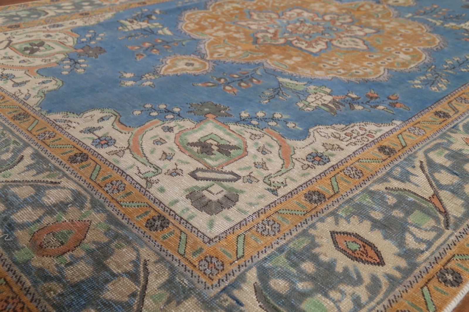 Blue Vintage Overdyed Tebriz Area Rug 6×9 Hand-knotted Wool Living Room Carpet
