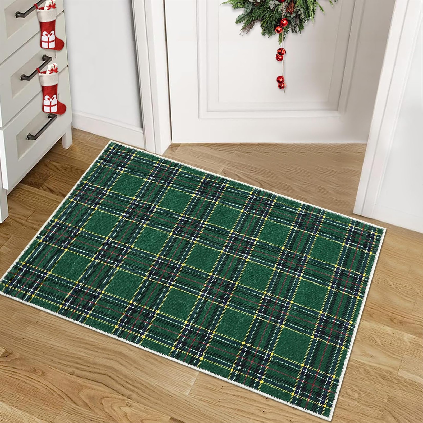 Christmas Entryway Rug Xmas Buffalo Plaid Small Rug Carpet Non-Slip Stain Res…