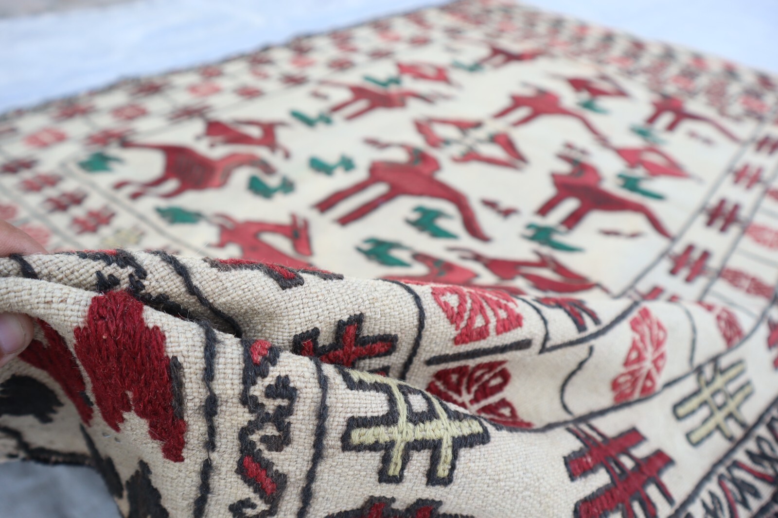 Beige Antique Rug 4’0x6’5 ft/ Afghan Pictorial Flatweave Rug/ Handmade Wool Rug