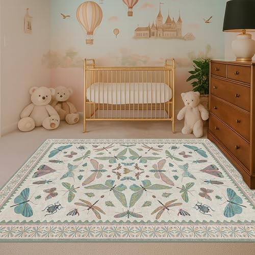Light Blue and Pink Rug 4×6 Rugs for Bedroom Under Bed – Insect Print Multi