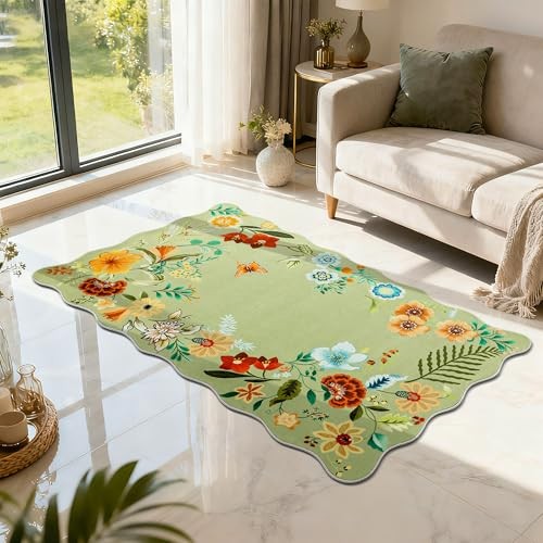 Green 3×5 Scalloped Rug Area Rugs for Living Room, Floral Non Slip Rugs for