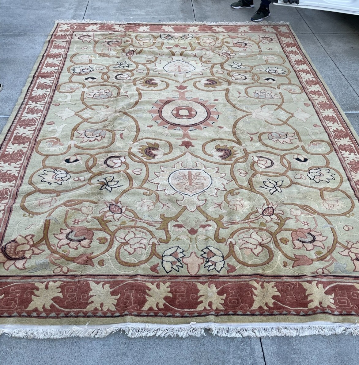 9′ x 11’6″ Wool Arts and Crafts style area rug, Celedon/Rose and Beige