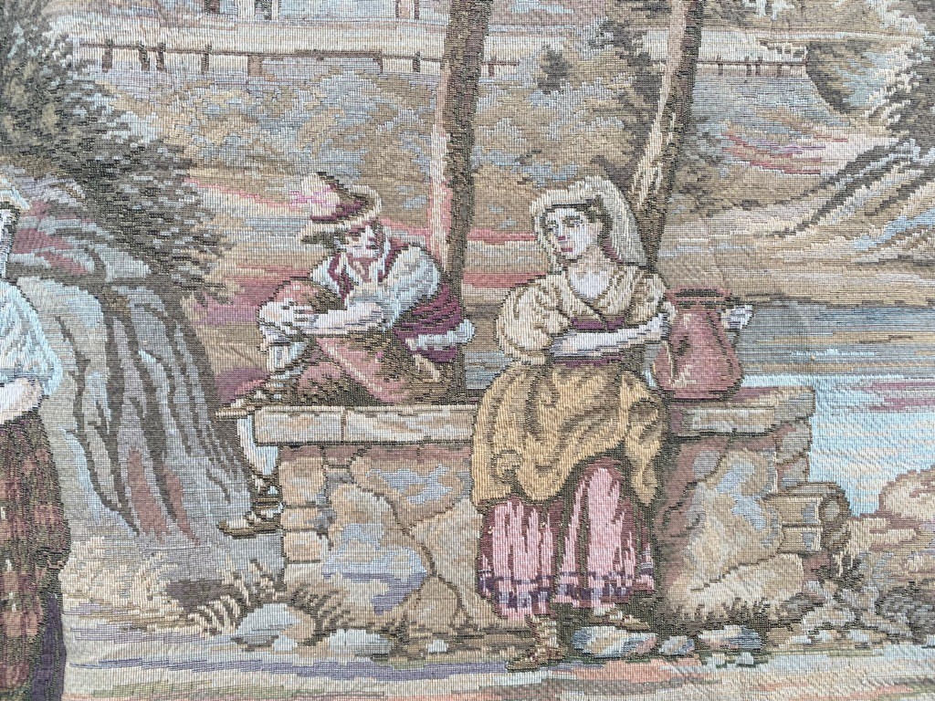 Vintage French Medieval Pictorial Tapestry Village Scene Tapestry 4×4 ft