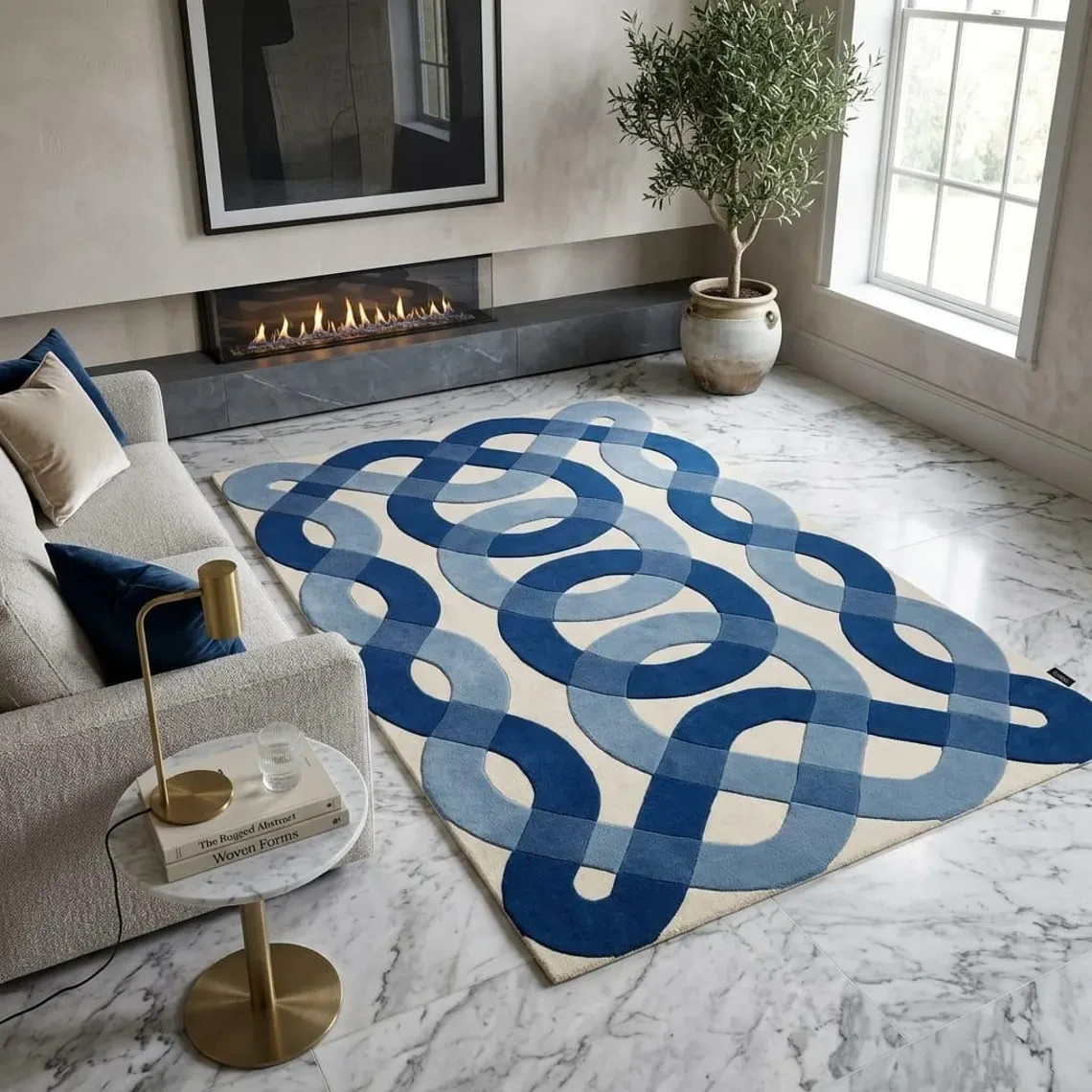 Hand Tufted Blue Abstract Rug, Modern Geometric Area Rug, Scandinavian Carpet