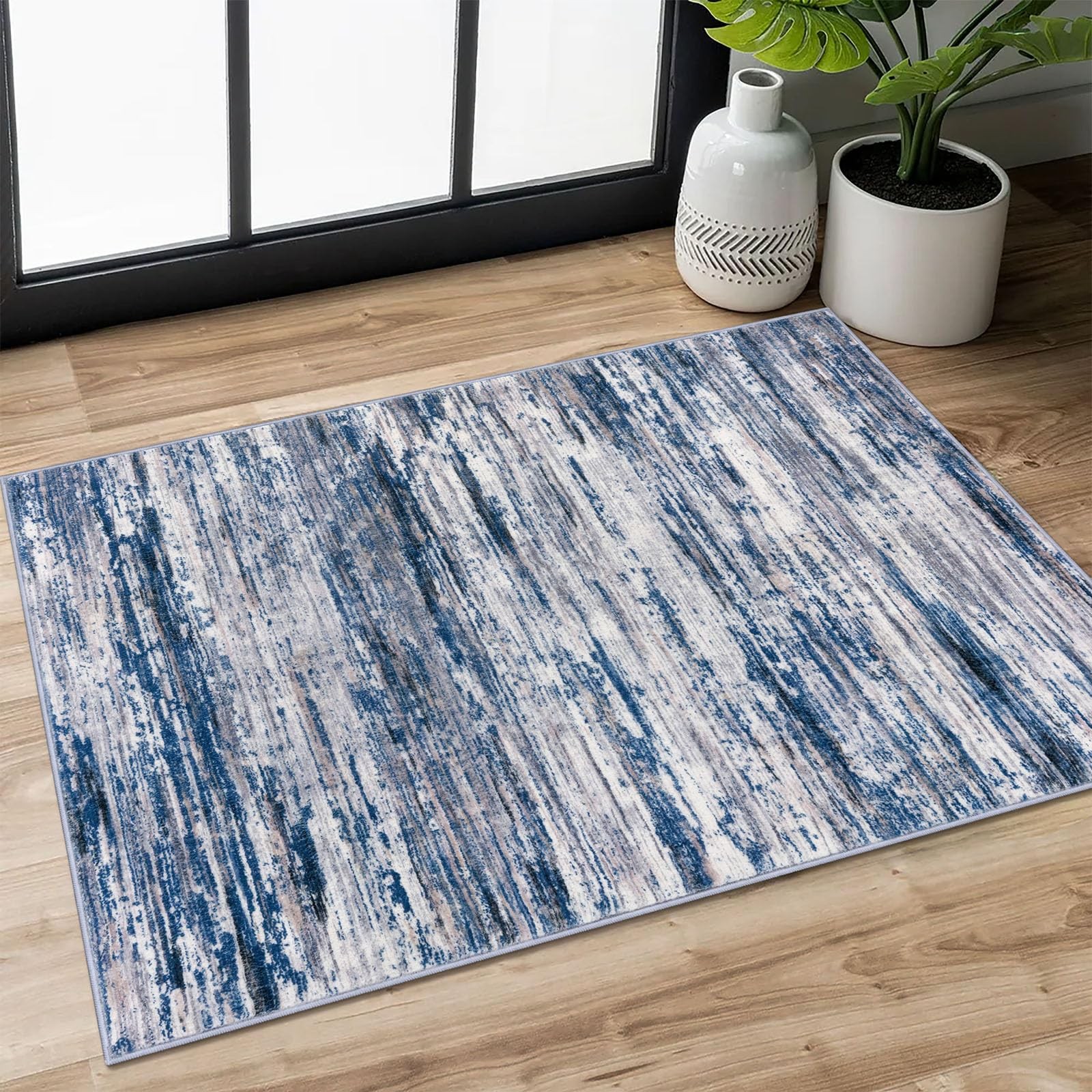 2×3 Modern Abstract Rug for Entryway, Navy Blue Gray Neutral Multi Super Soft…
