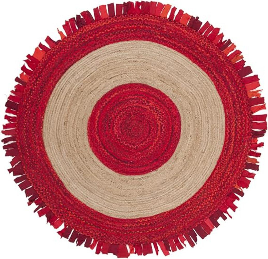 Handmade Red & Beige Round Jute Rug with Fringe – Braided Natural Area Rug