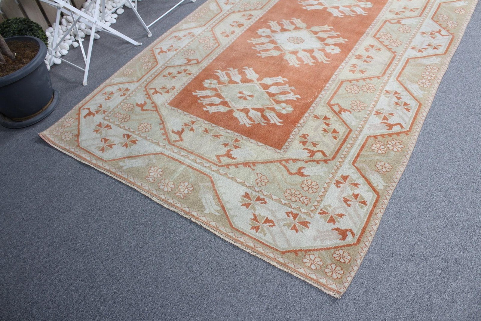 5,1×7,9 ft Rug, Large Turkish Rug, Beige Bordered Rug