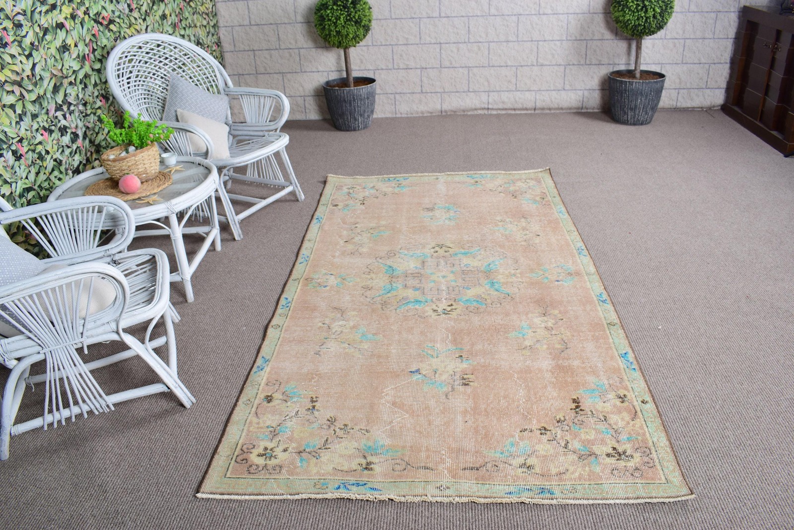 Vintage Turkish Rug 4,3×7,7 ft, Brown Area Check Wool Rug