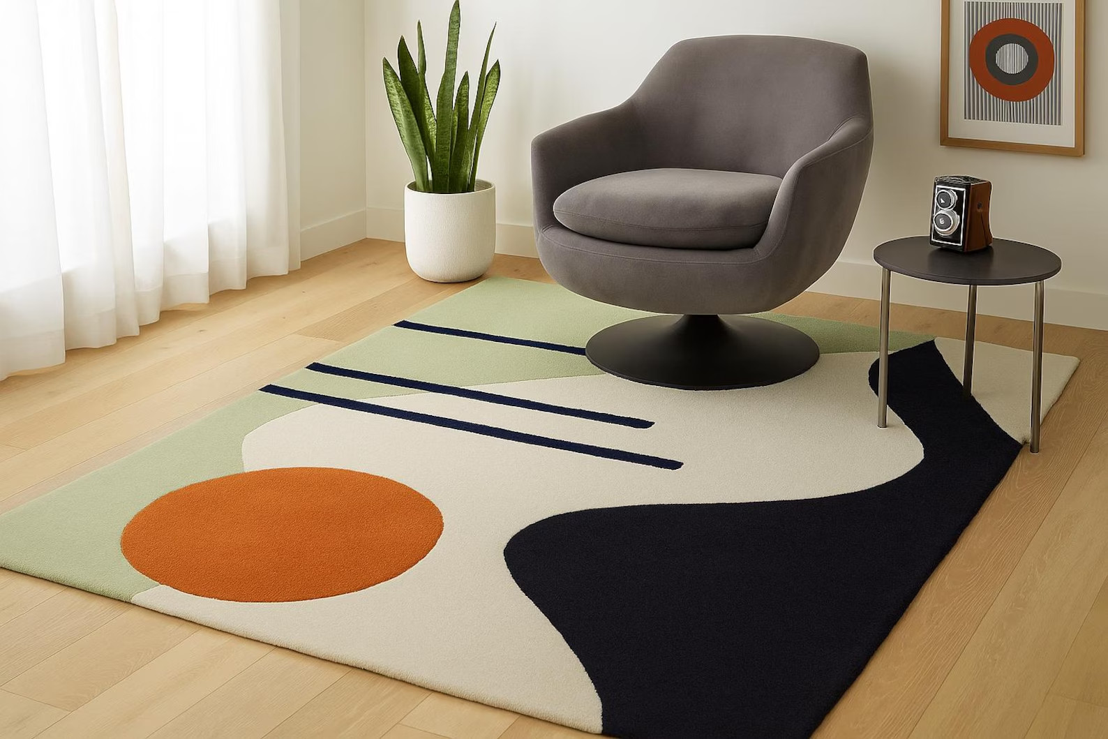 Hand Tufted Wool Rug, Modern Geometric Art, Cream, Orange, Black Area Rug Carpet