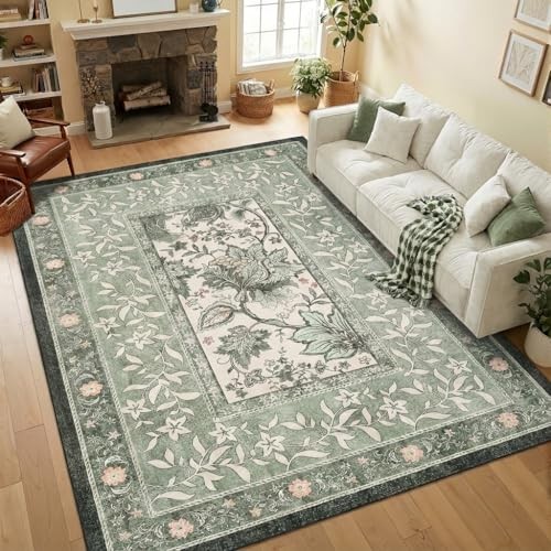 Provence 5×7 Area Rugs, Botanical Grove Sage Green Vintage Cottagecore Non