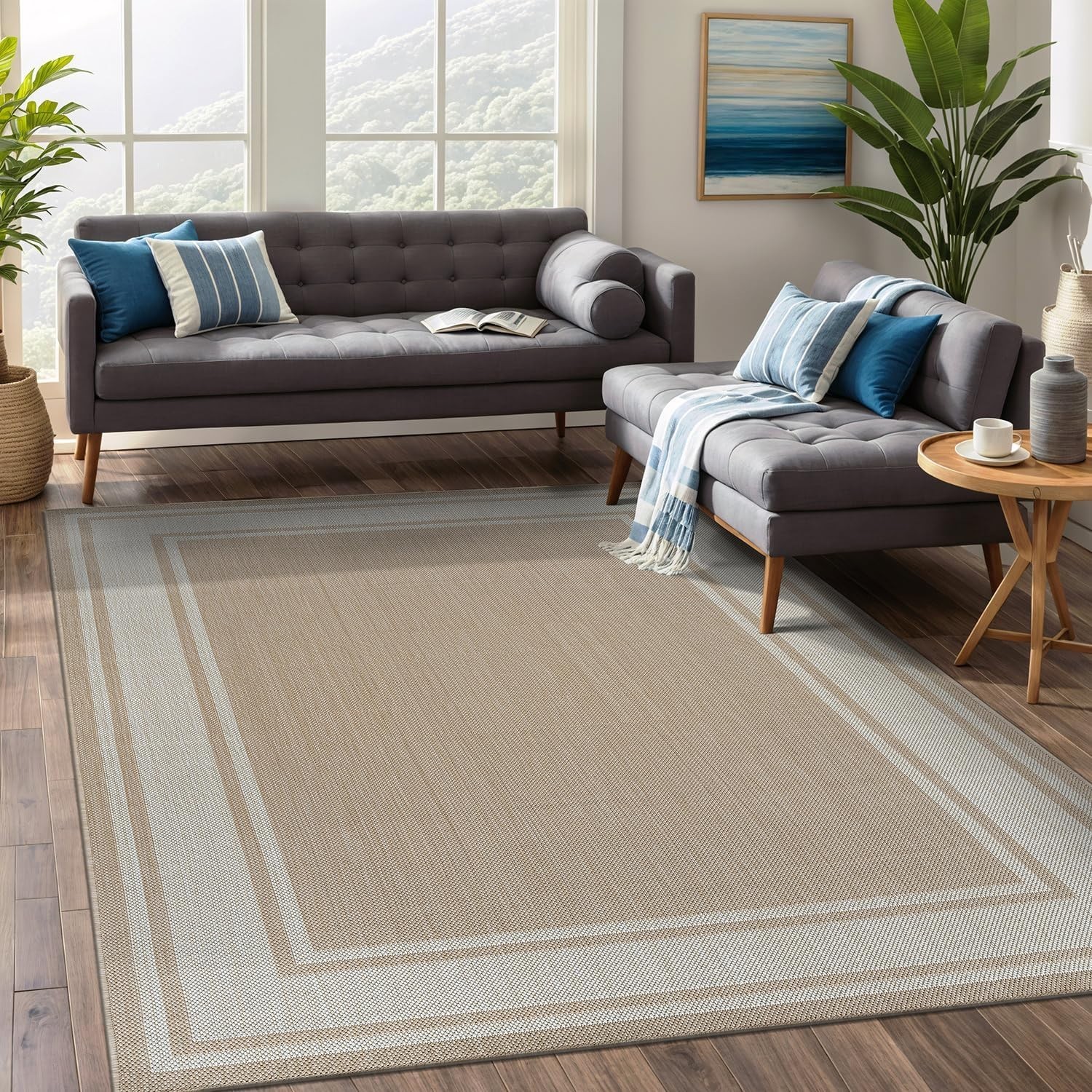 Durable Outdoor Rug 5×7 Beige Machine Made Easy Clean for Kids and Pets