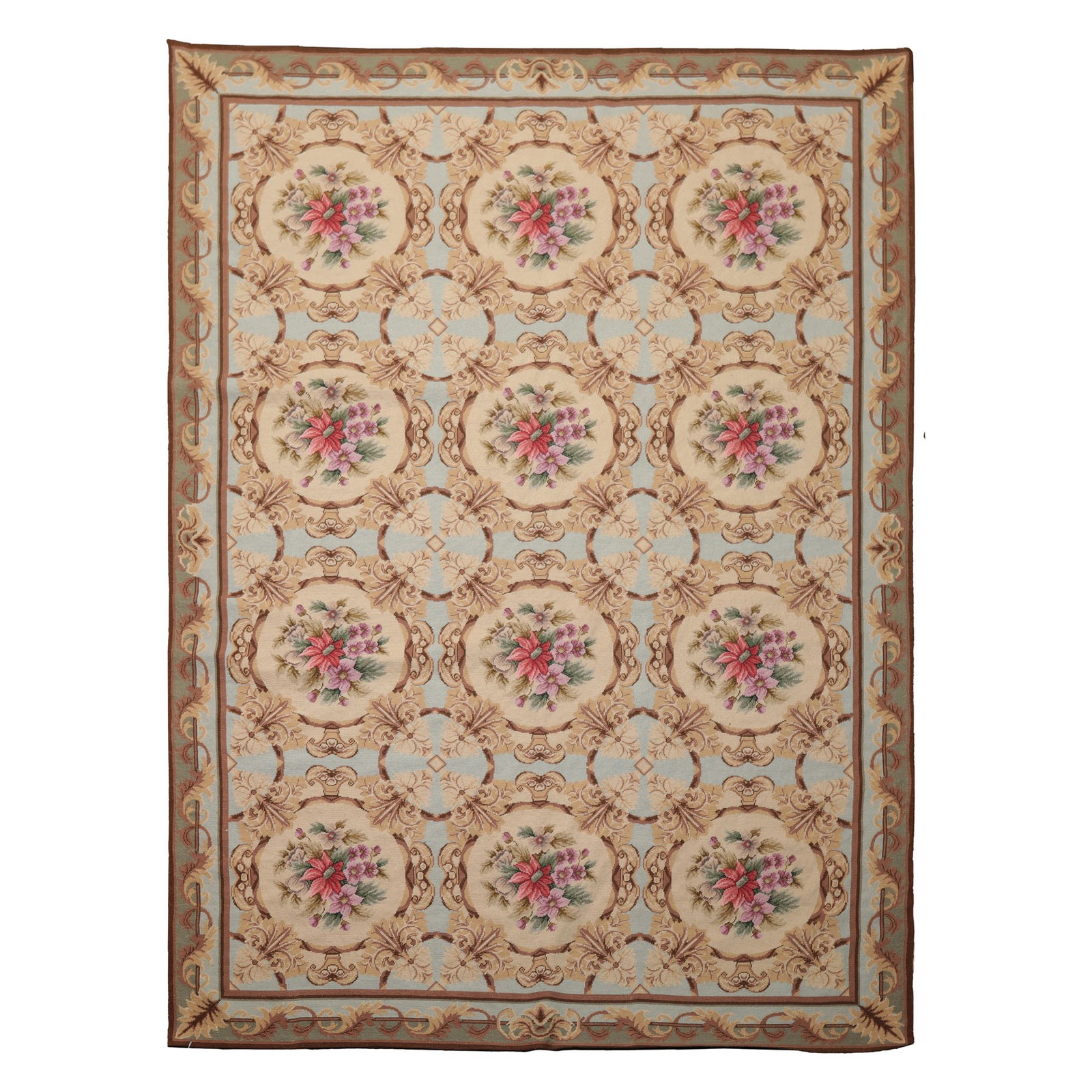 6’2”x8’2″ Asmara Hand Woven Wool Aqua French Needlepoint European Floral Rug