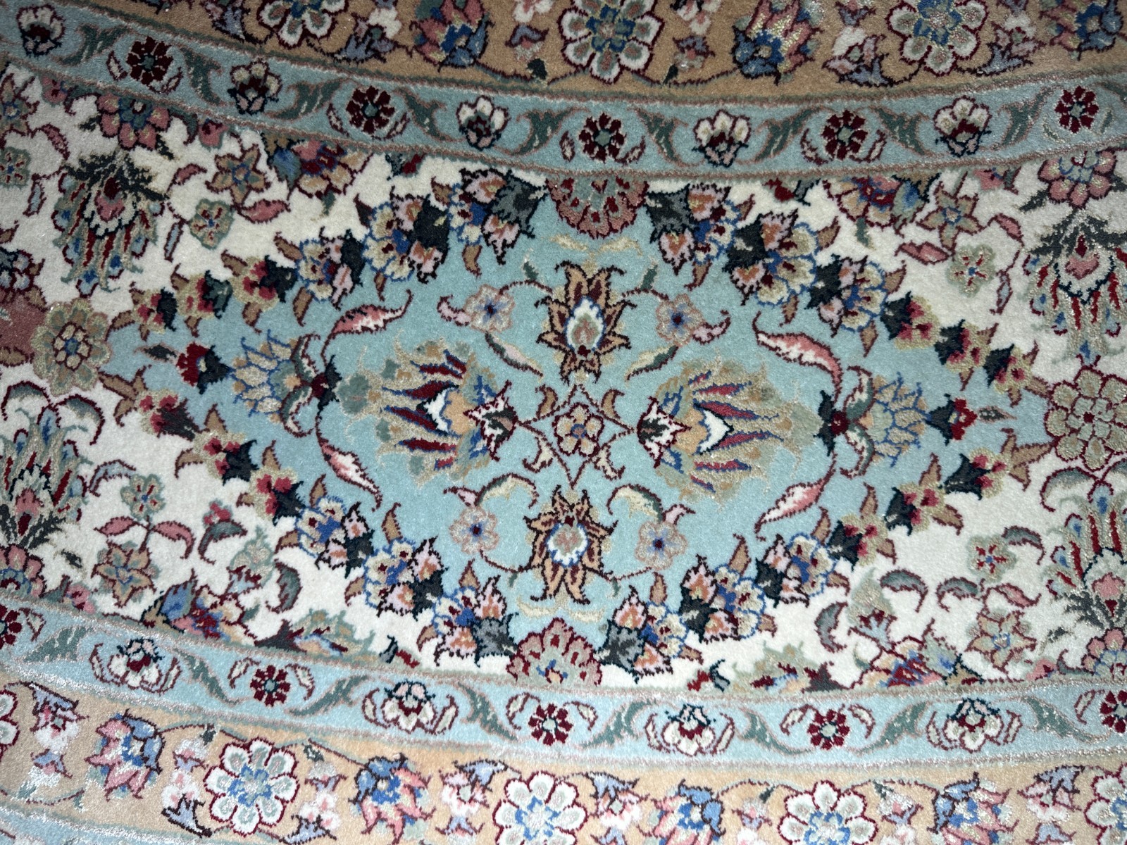 Large 102″ Nain-Style Round Floral Area Rug Fringe Ivory Burgundy Blue