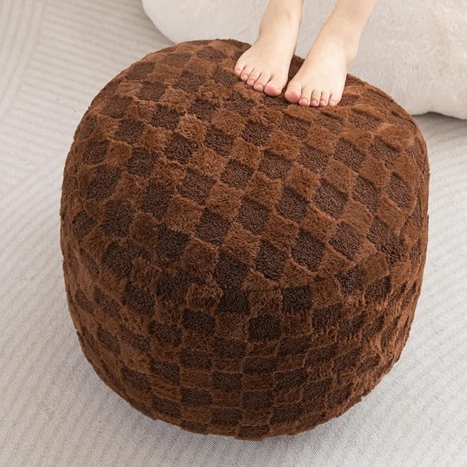 HIGOGOGO Round Stuffed Pouf Ottoman, Plaid Poufs with Foam Chunk Filling, Fluffy