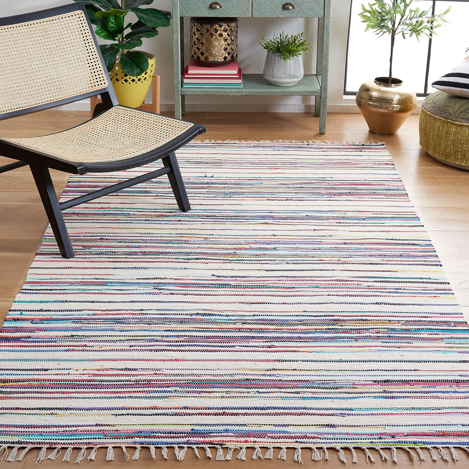 Handmade Boho Stripe Rag Rug – 6′ x 9′, Ivory & Multi, Durable for High Traffic