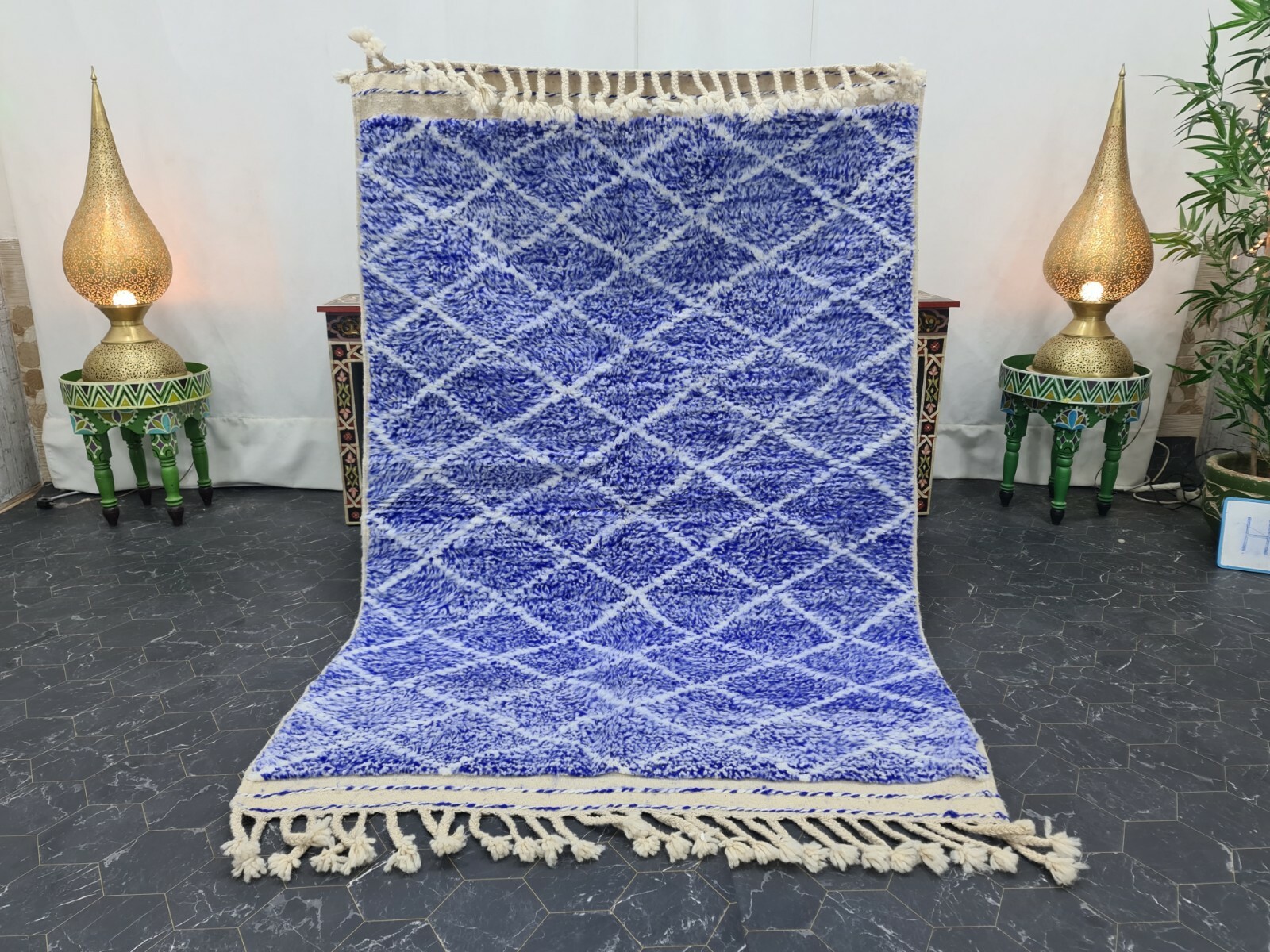 Moroccan Handmade Beni Ourain Rug 4’1″x6’2″ Berber Geometric White Blue Carpet