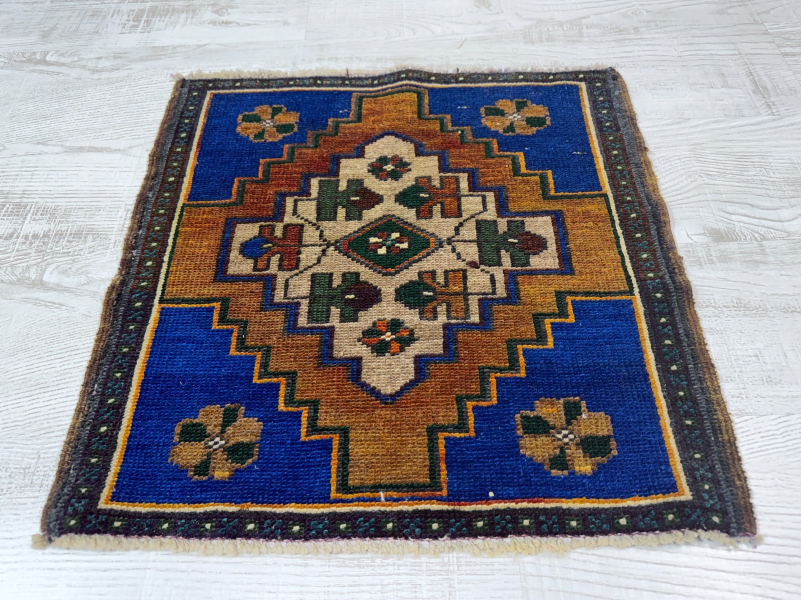 1.9×1.9 ft Vintage Turkish Oushak Rug Blue Tribal Medallion Small Square Accent