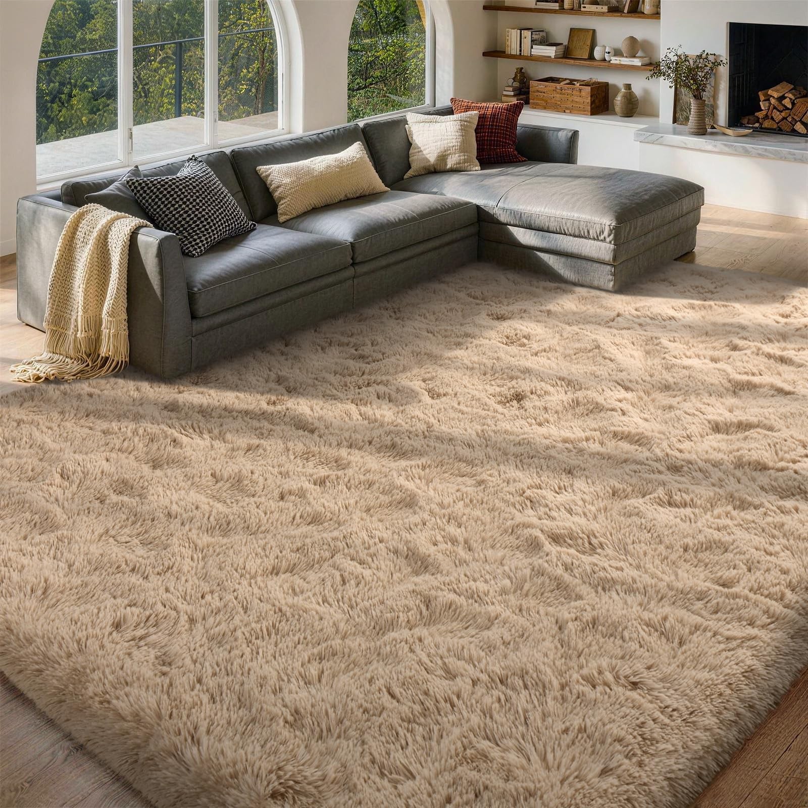 FinRèc 8×10 Feet Rugs for Bedroom Living Room, Tan Fluffy Plush Area Rug, No…