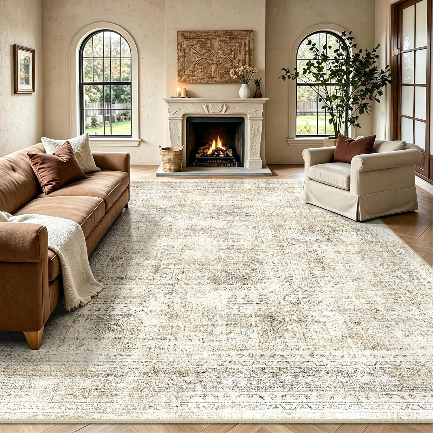 8X10 Area Rugs for Living Room, Washable Vintage Retro Floral Rug, Low Pile Non