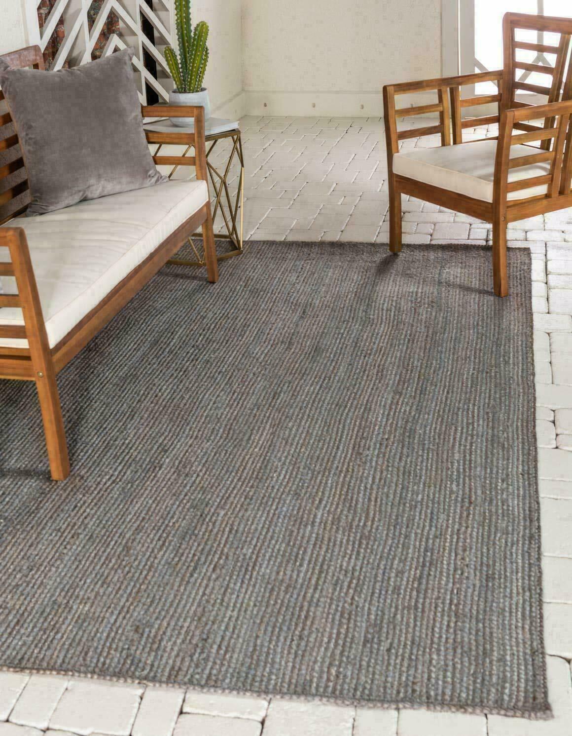 Gray Jute Rug in Square Hand Braided Area Carpet for Living Room Rustic Look