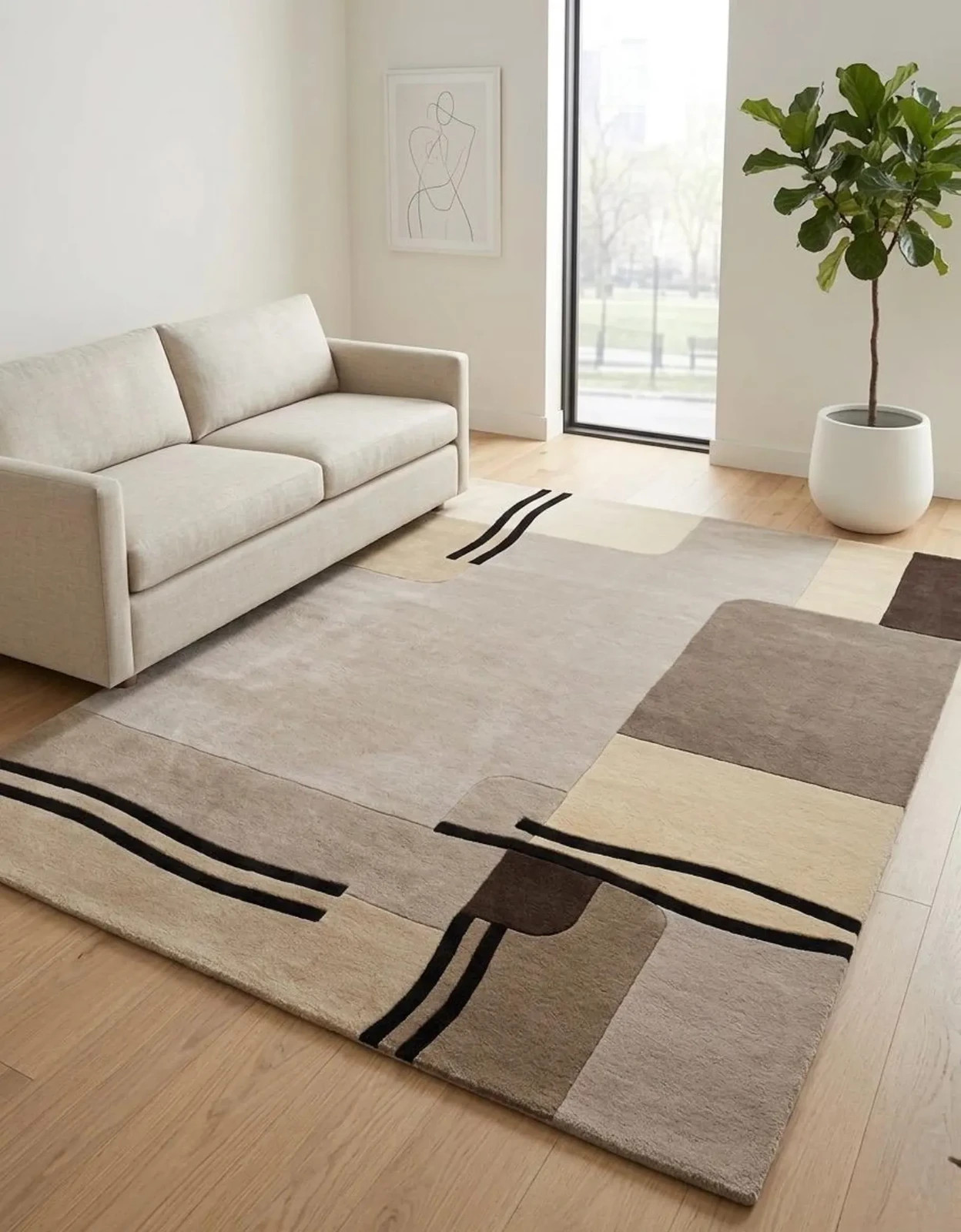 Hand Tufted Wool Area Rug – Beige, Brown Grey Minimalist Modern Area Rug Carpet