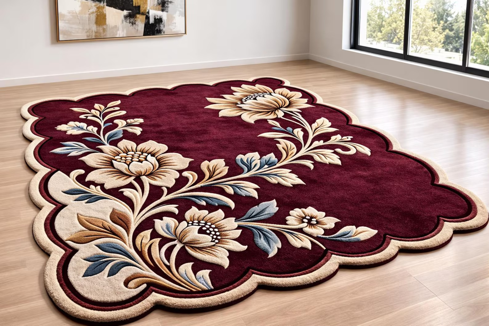 Burgundy Floral Scalloped Rug, Plush Living Room Carpet, Area Rug