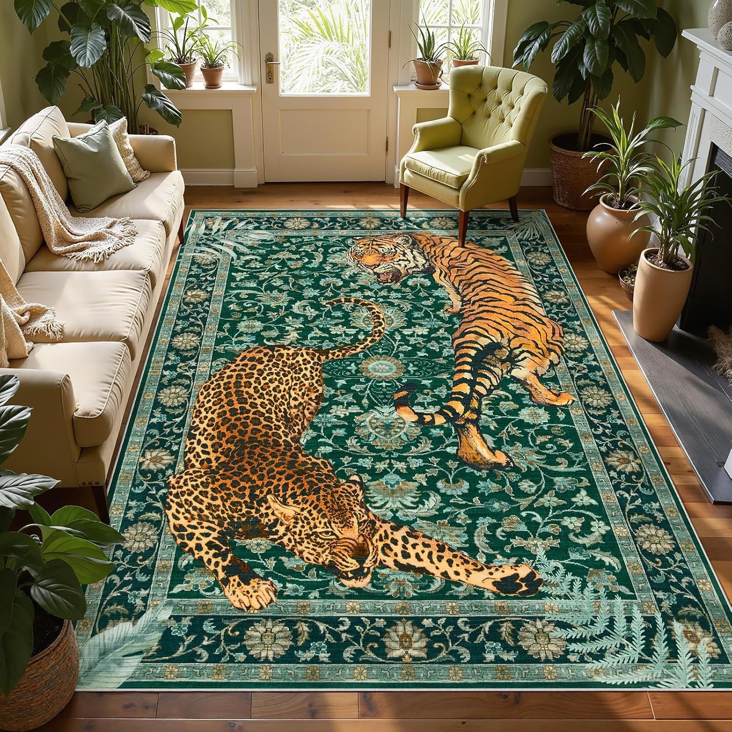Tiger Print 5X7 Washable Rug for Living Room, Boho Green Cheetah Bedroom Area Ru