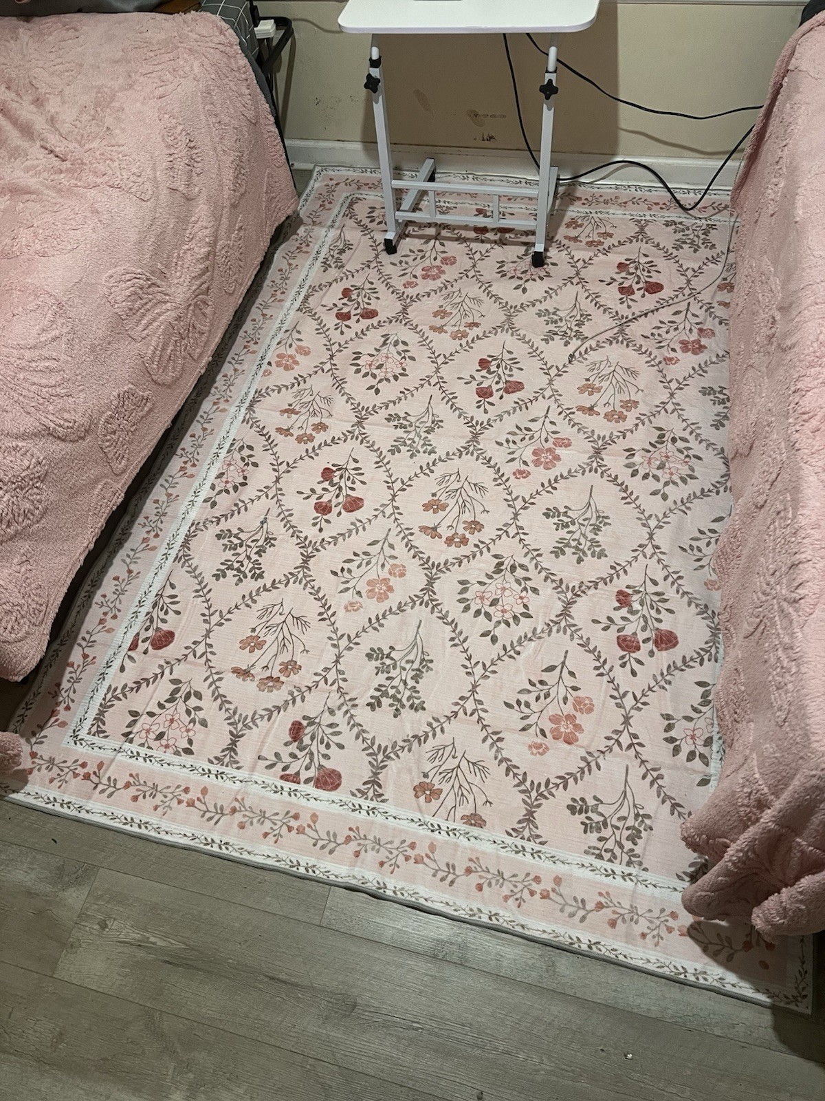 Floral Vine Rectangle Area Rug 3×5 ft Beige Pink Green Brown Felt Backing