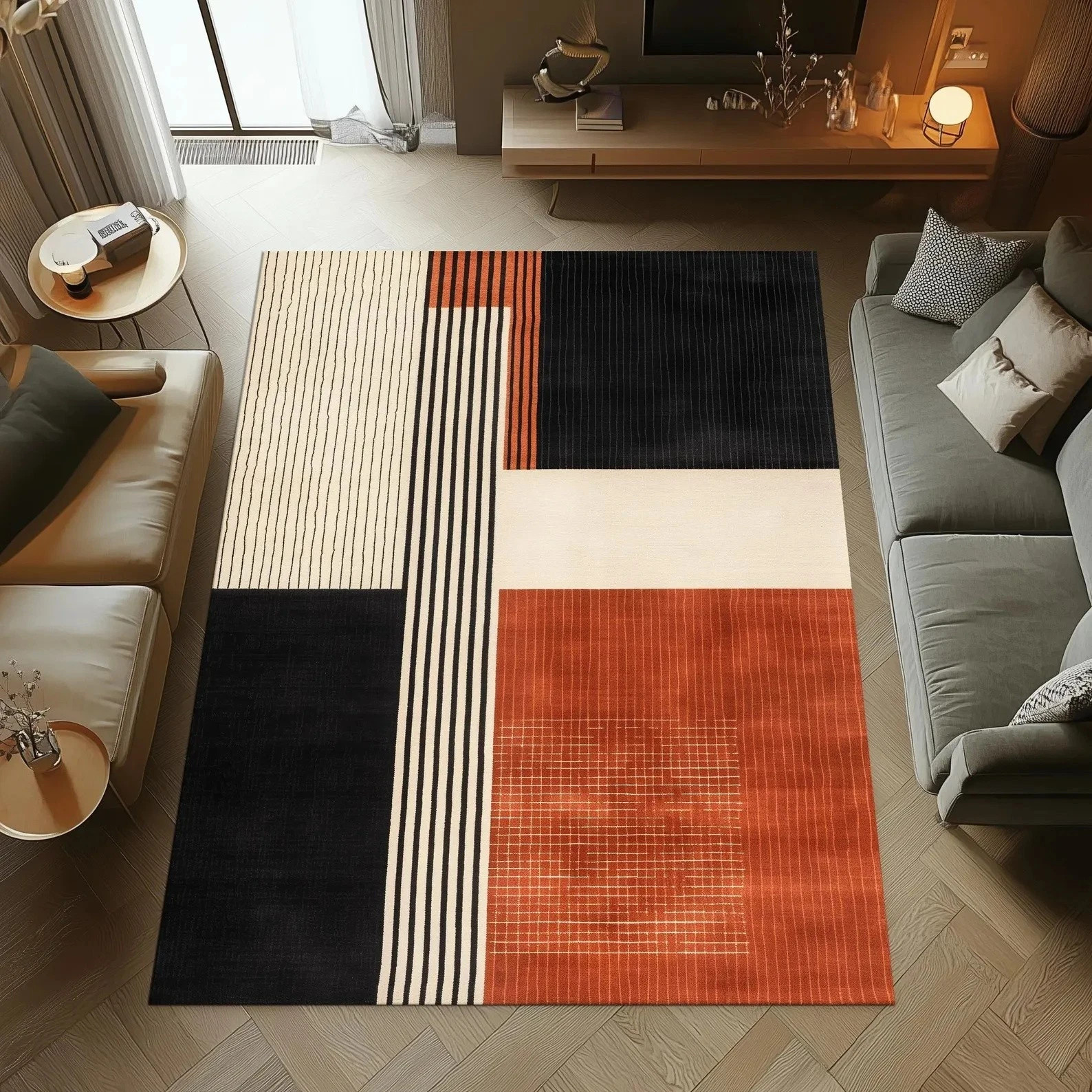 New Modern Styles Abstract Orange Black Cream Area Rug Hall , Bedroom Carpet