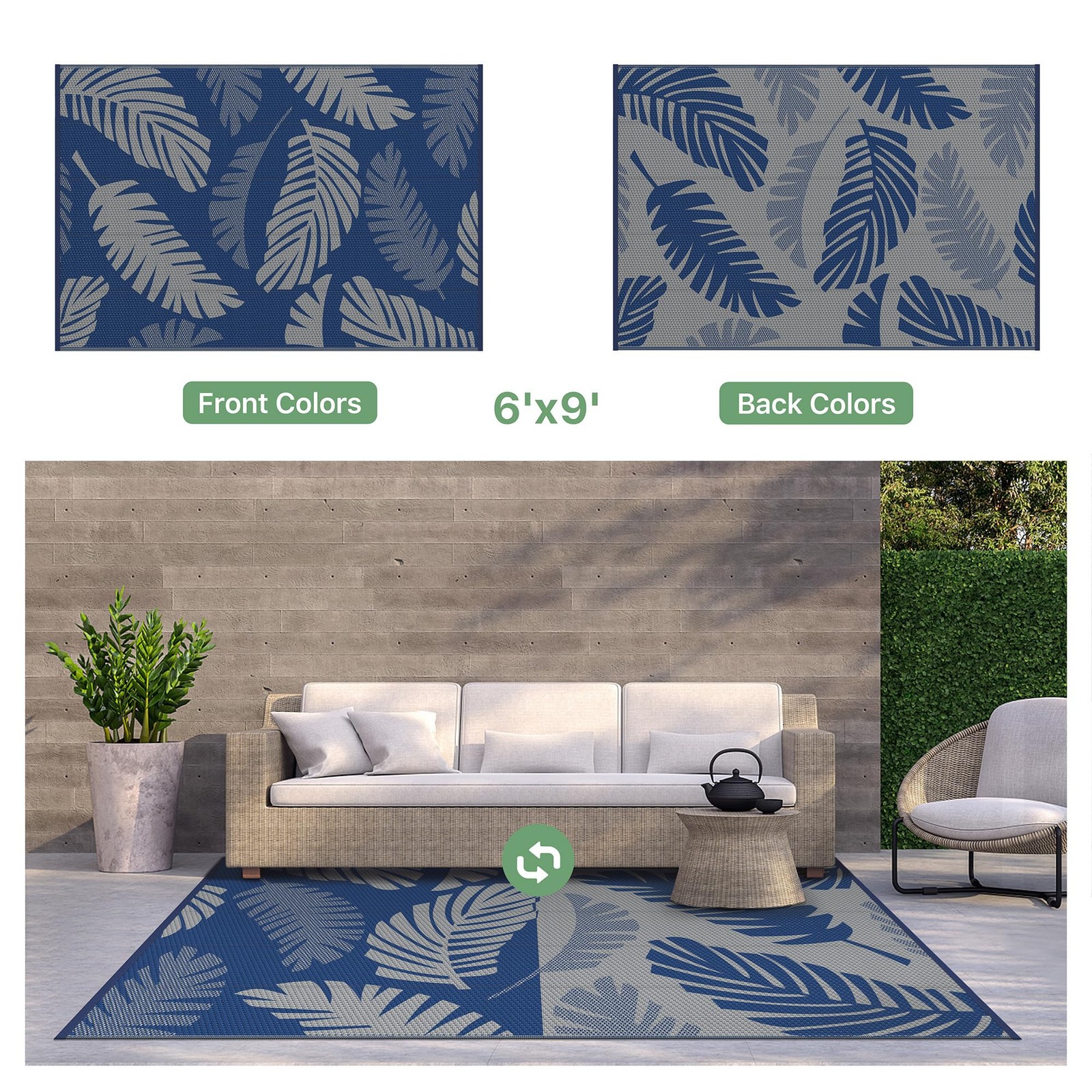Waterproof Outdoor Rug 6′ x 9′ for Patio Decor, Reversible Plastic Straw Area…