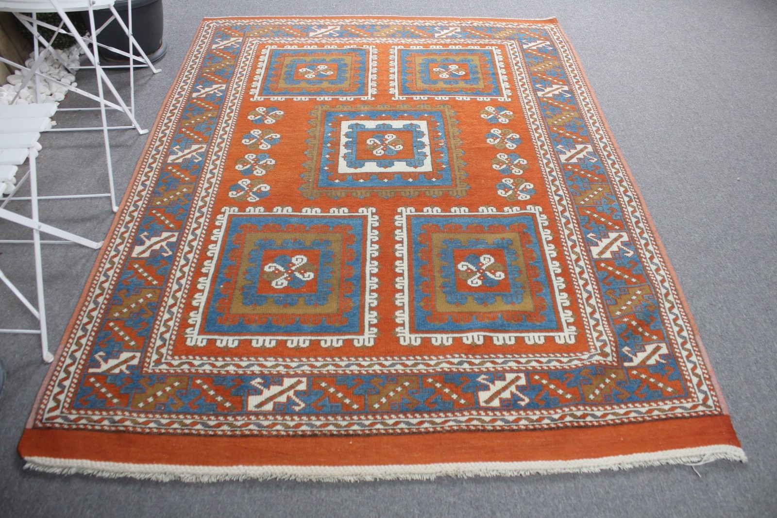 Vintage Turkish Large Rug 5,6×7,4 ft, Orange Wool Rug