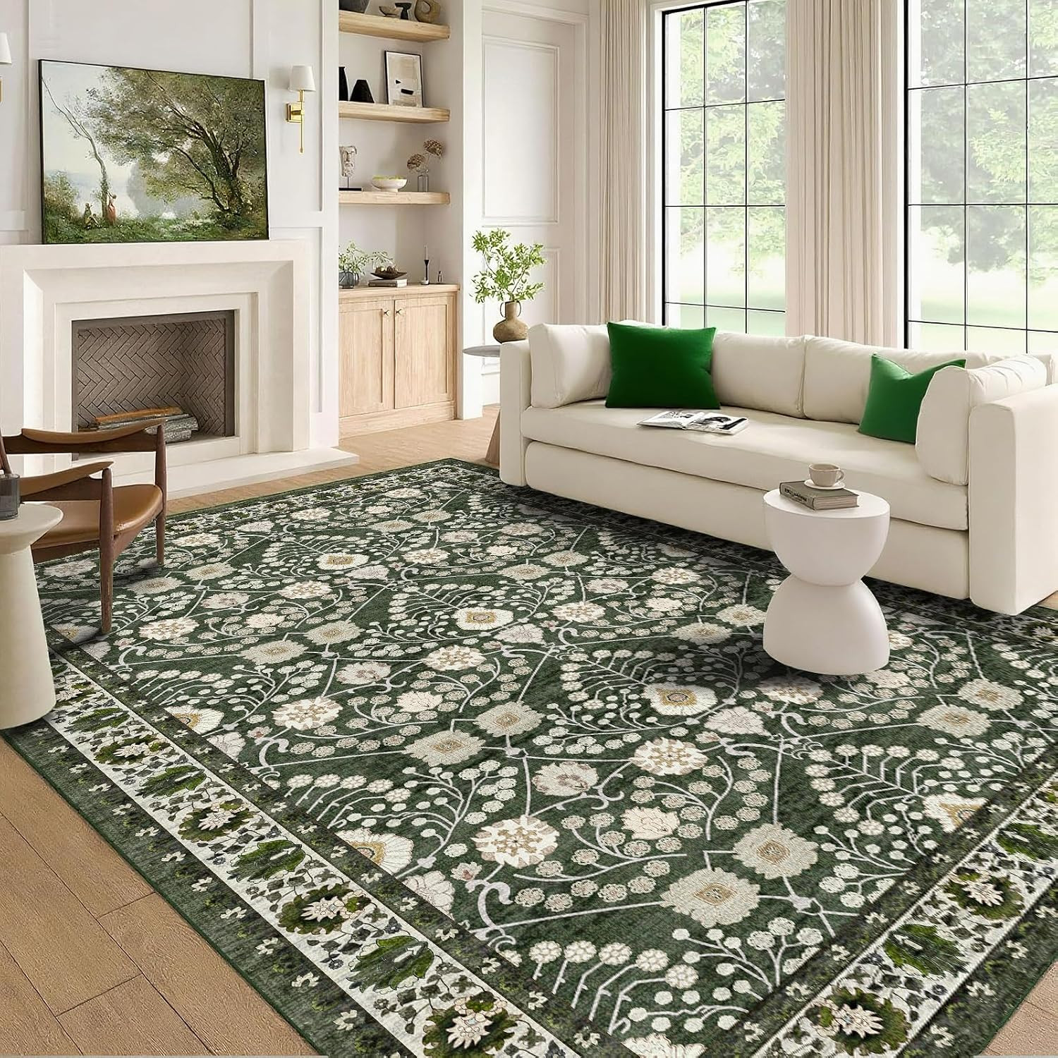 Large Living Room Rug Dark Green Floral Area Rugs Machine Washable Rug 8X10 Boho