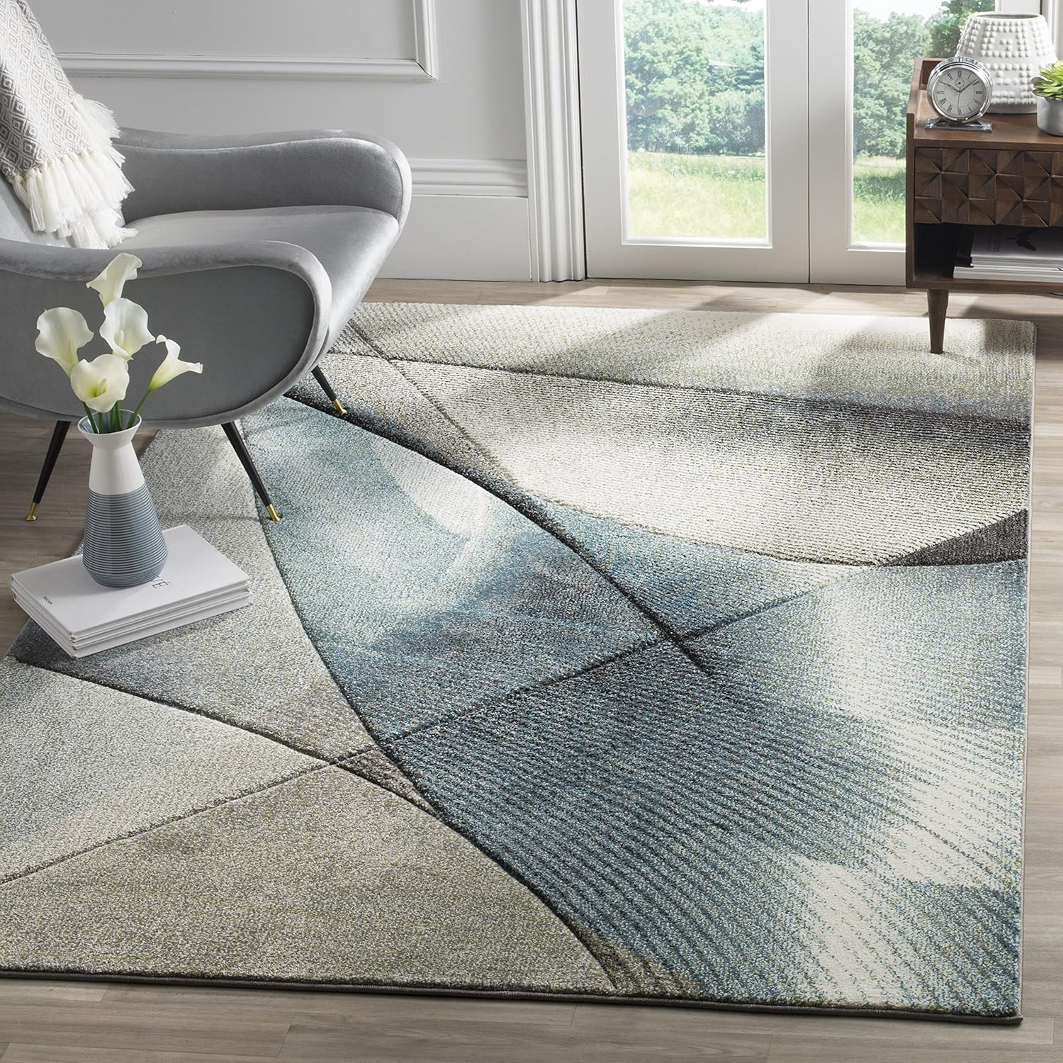 Hollywood 6’7″ x 9′ Area Rug, Grey & Teal, Mid-Century Modern Design