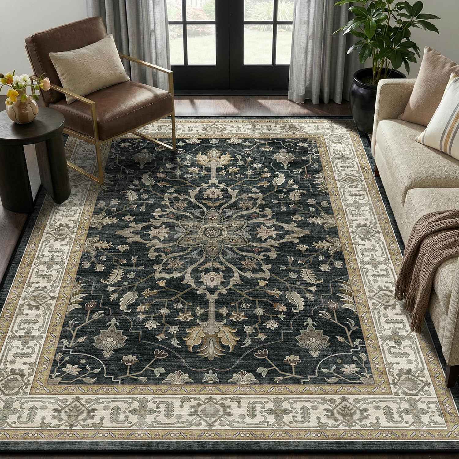 Area Rugs 5’X7′ Washable Vacuum-Friendly, Non-Slip, Floral Vintage Distress Prin