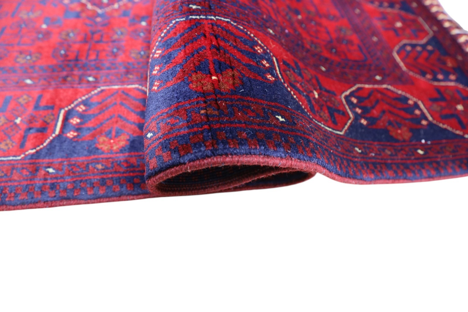 Hand-Knotted Bokharai Afghani Wool Rug | Red & Blue 3’4″ x 4’9″